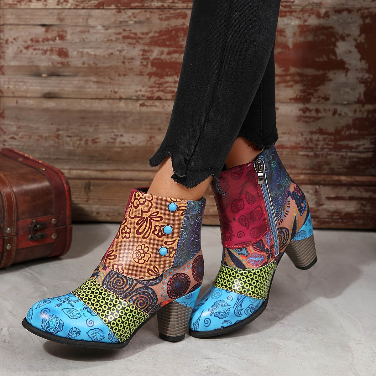 Women's Floral Pattern Boots, Side Zipper Casual Chunky Heel Ankle Boots, Versatile Round Toe Boots