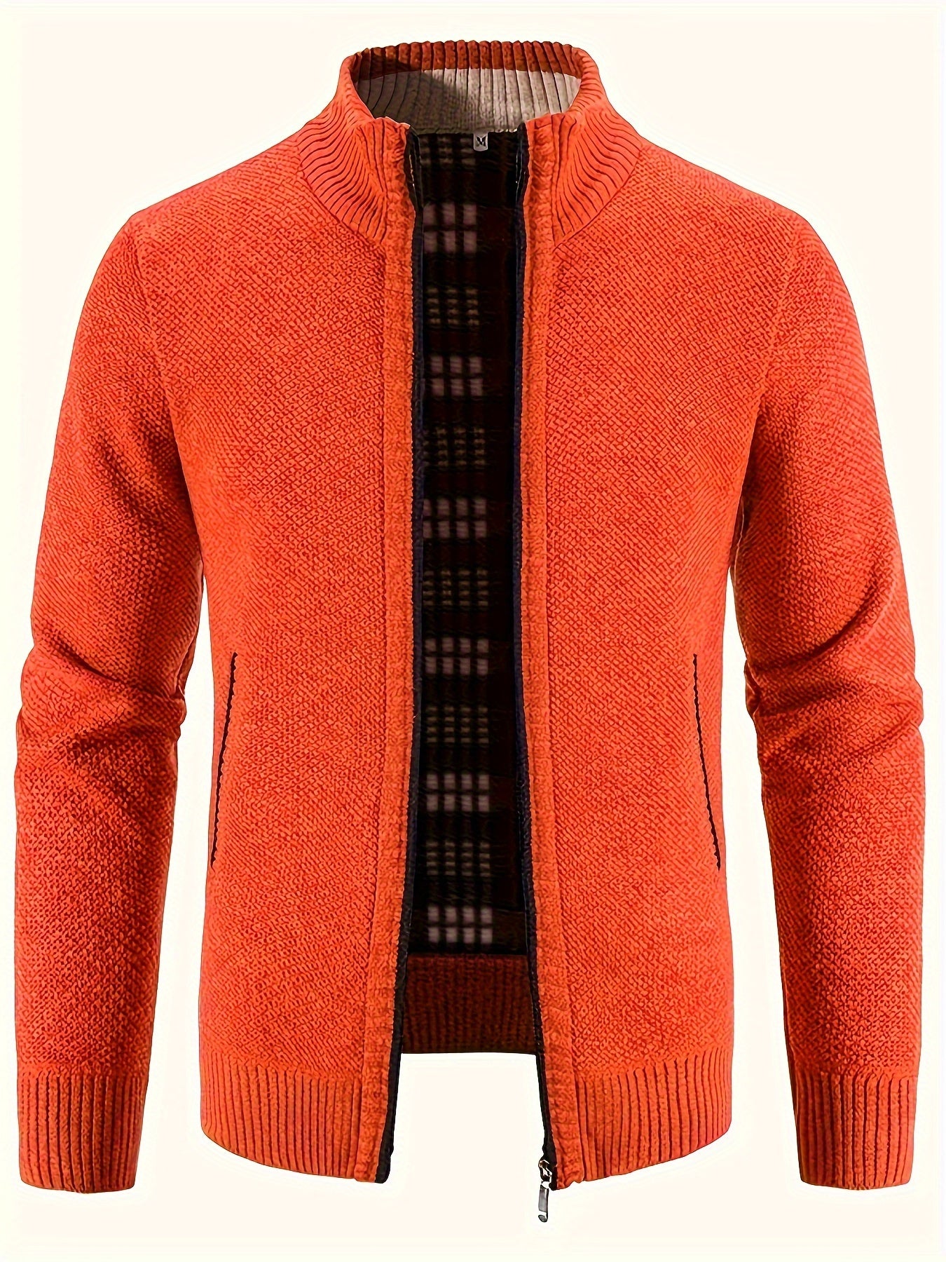 Warm Stand Collar Jacket, Men's Casual Comfortable Zip Up Zipper Pockets Knitted Cardigan For Fall Winter