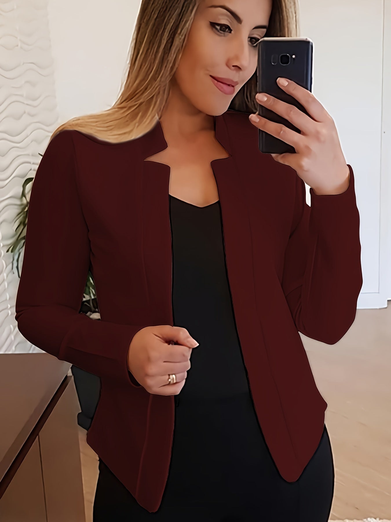 Solid Open Front Blazer, Elegant Long Sleeve Work Office Outerwear, Women's Clothing