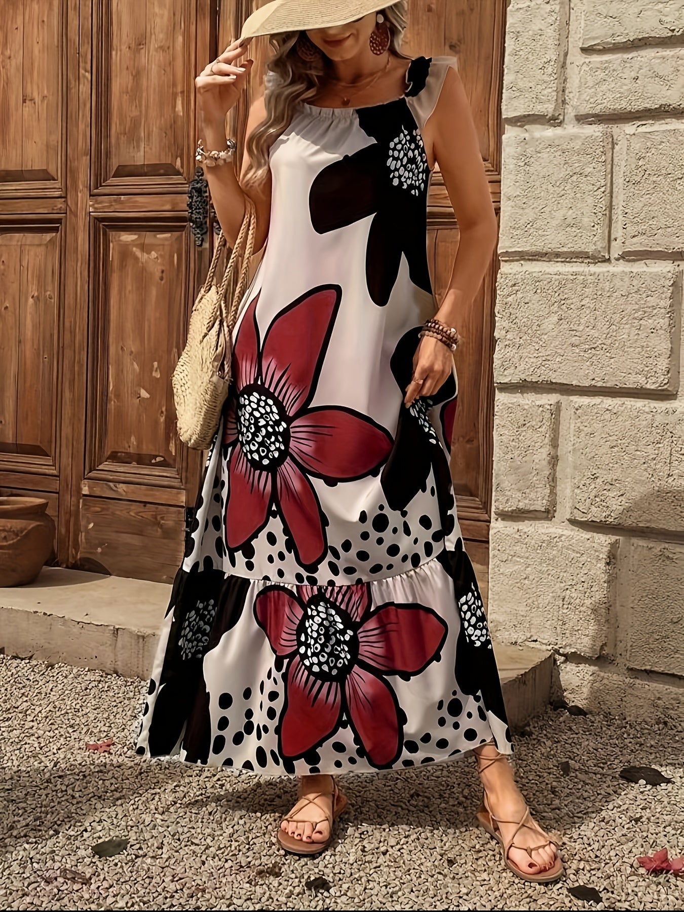 Floral Print Square Neck Dress, Elegant Sleeveless Maxi Dress For Spring & Summer, Women's Clothing