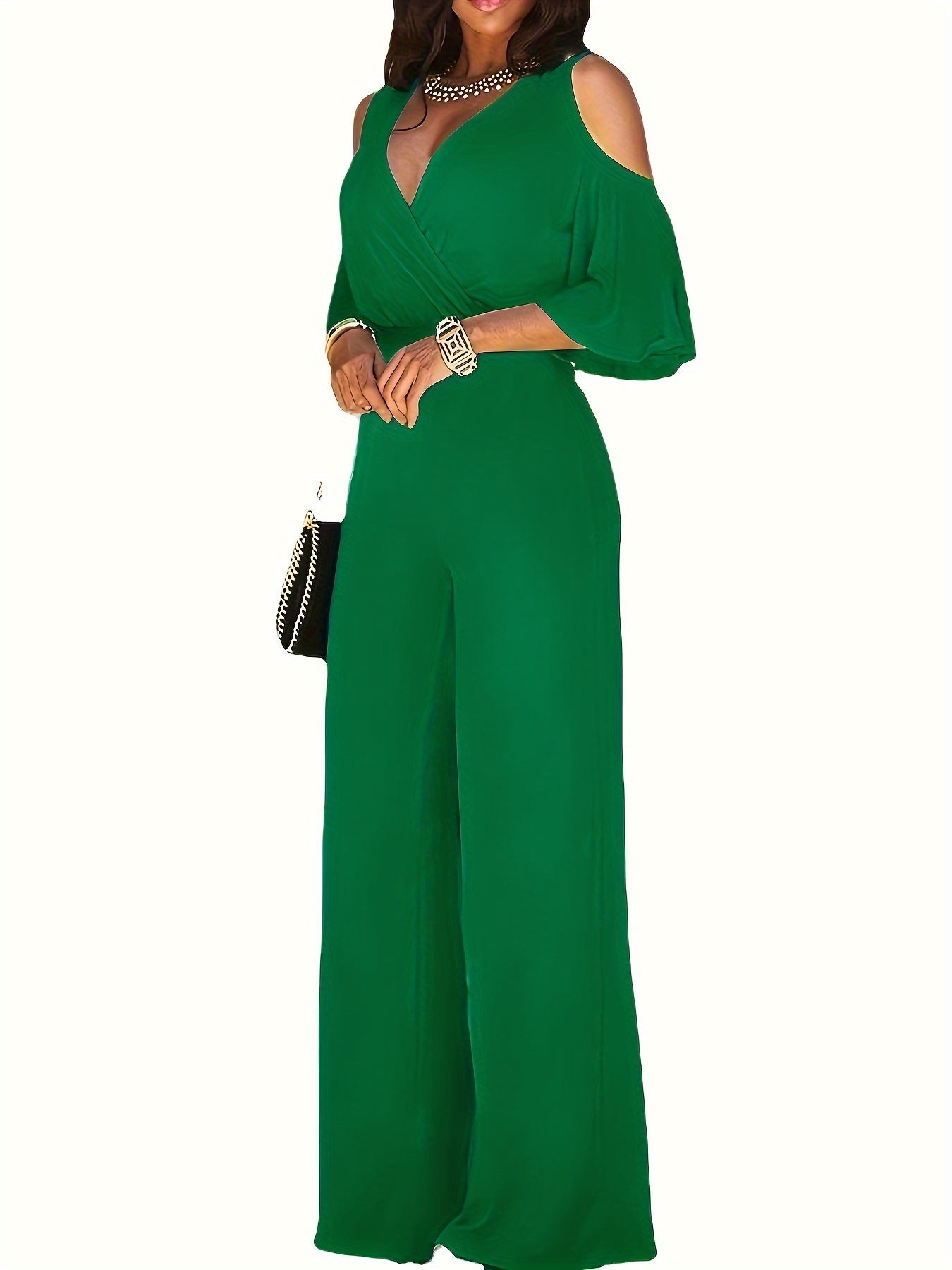 Solid Cold Shoulder V-neck Jumpsuit, Elegant Half Sleeve Jumpsuit For Spring & Summer, Women's Clothing