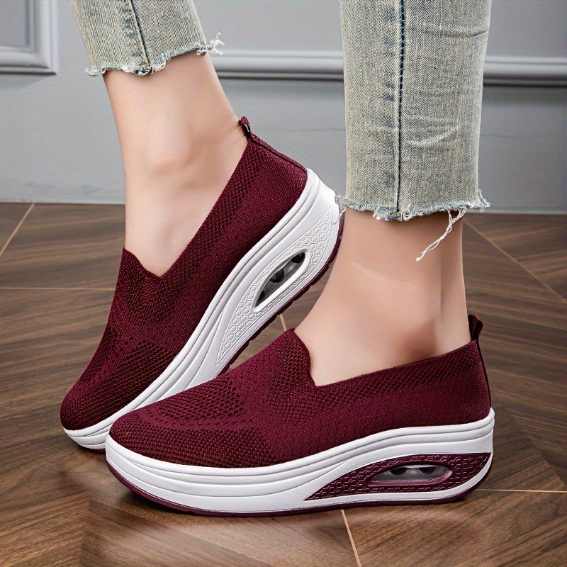 Women's Solid Color Casual Sneakers, Soft Sole Platform Air Cushion Walking Shoes, Low-top Breathable Shoes