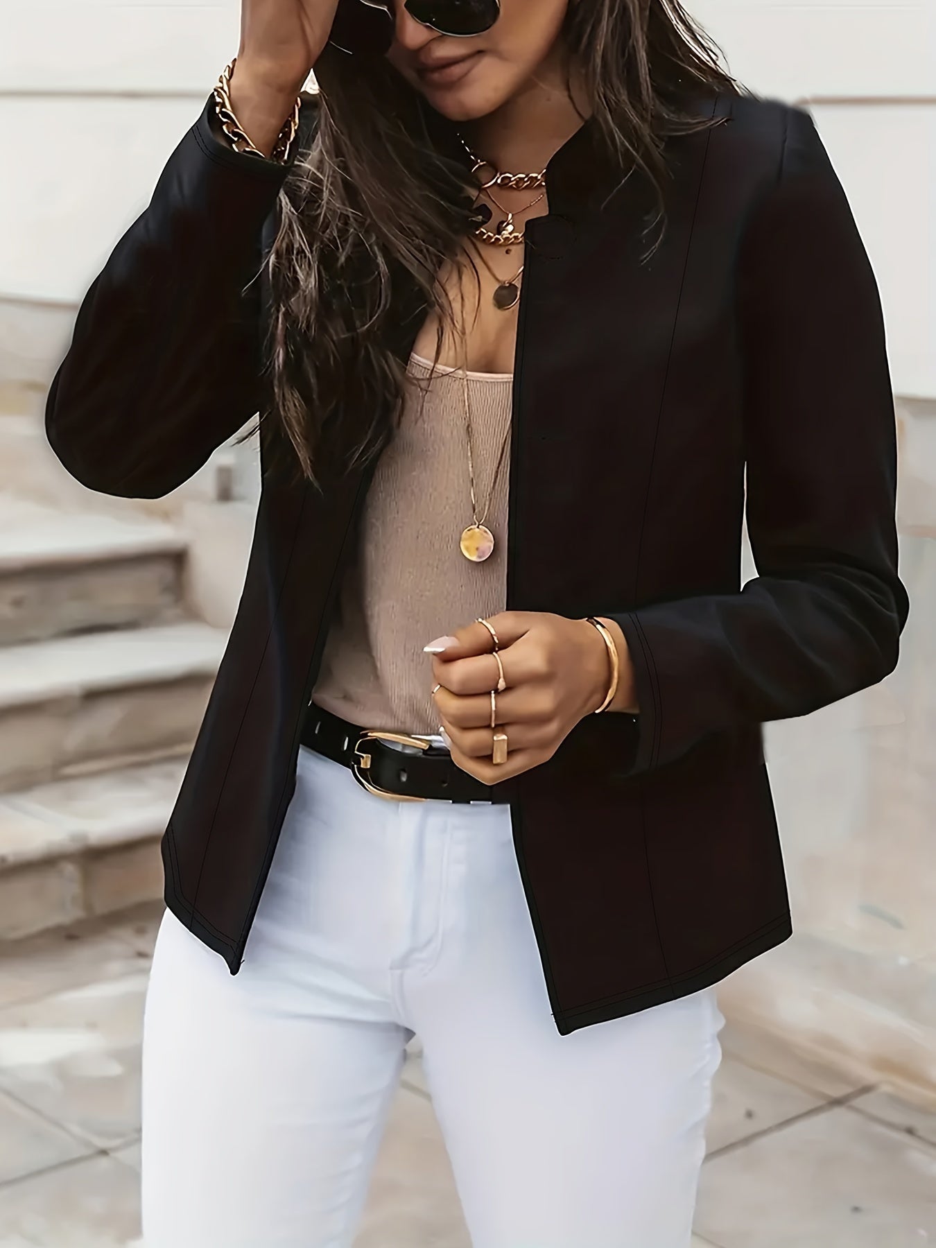 Solid Color Open Front Blazer, Elegant Stand Neck Long Sleeve Blazer For Every Day, Women's Clothing