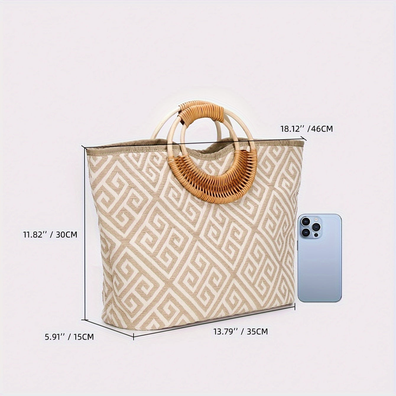 Casual Large Linen Tote Bag with Geometric Pattern, Bamboo Handle, Zipper Closure, and Polyester Lining - Fashionable Fresh Style for Women