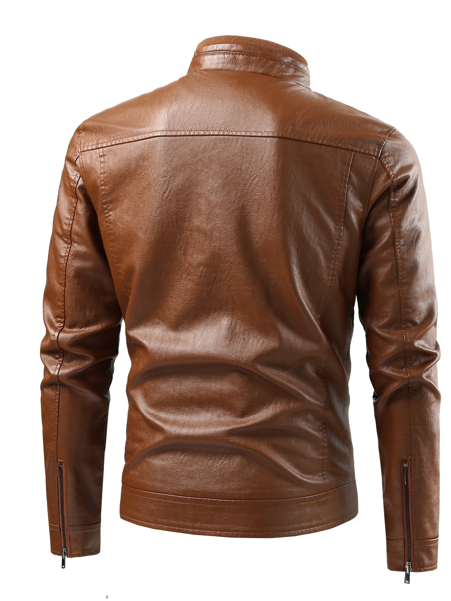 Men's PU Leather Jacket With Multi Zipper Pockets, Casual Stand Collar Zip Up Long Sleeve Jacket For Outdoor