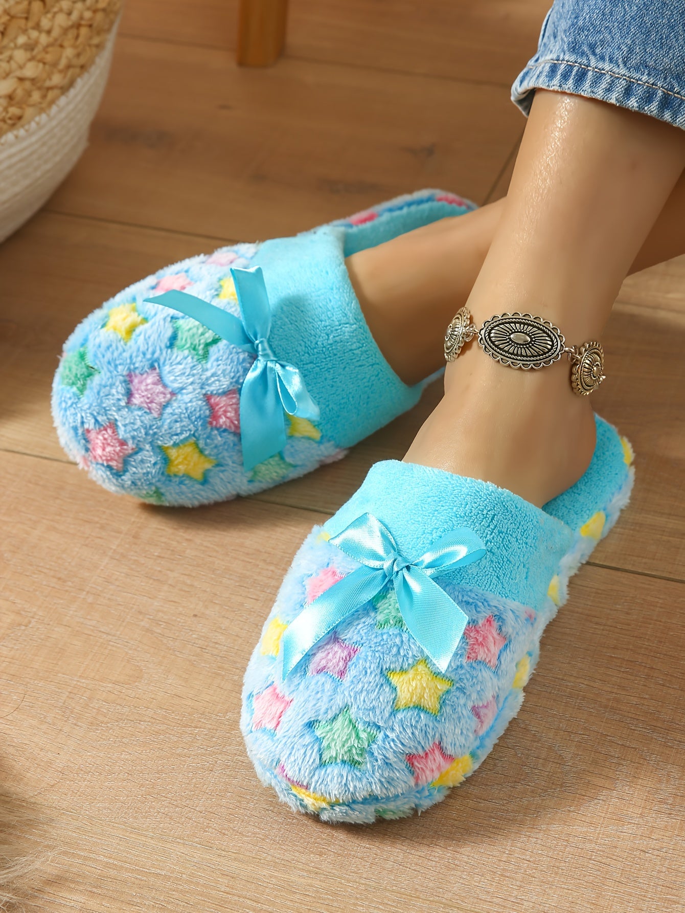 Bowknot Decor Fuzzy Slippers, Stars Print Soft Sole Closed Toe Plush Lined Shoes, Indoor Non-slip Home Warm Shoes