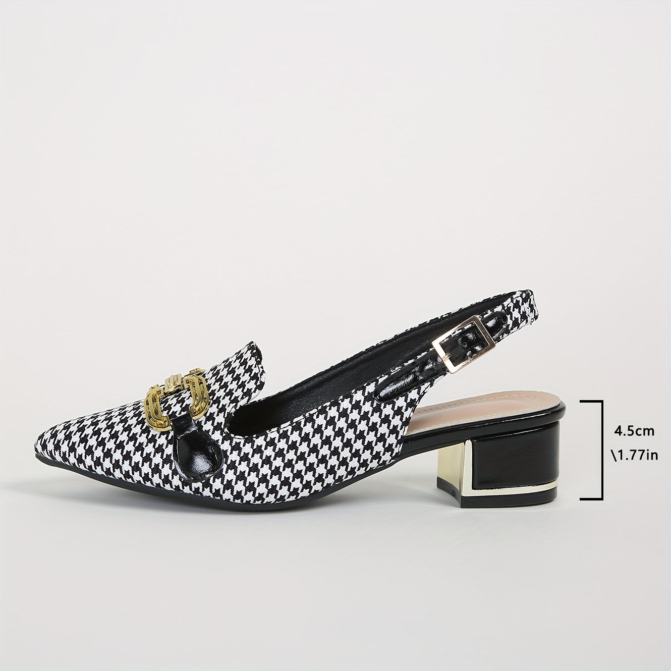 Women's Houndstooth Pattern Chunky Heels, Elegant Point Toe Dress Pumps, Stylish Ankle Buckle Strap Heels