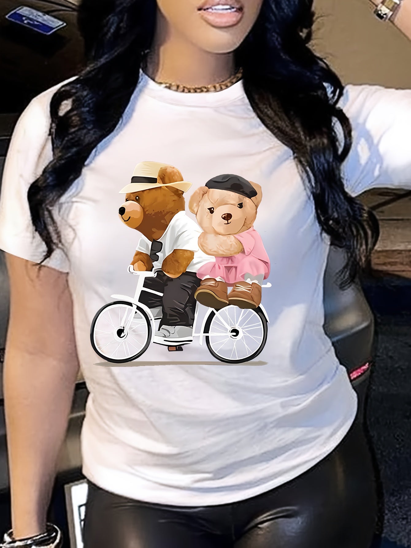 Teddy Bear Print T-shirt, Short Sleeve Crew Neck Casual Top For Summer & Spring, Women's Clothing