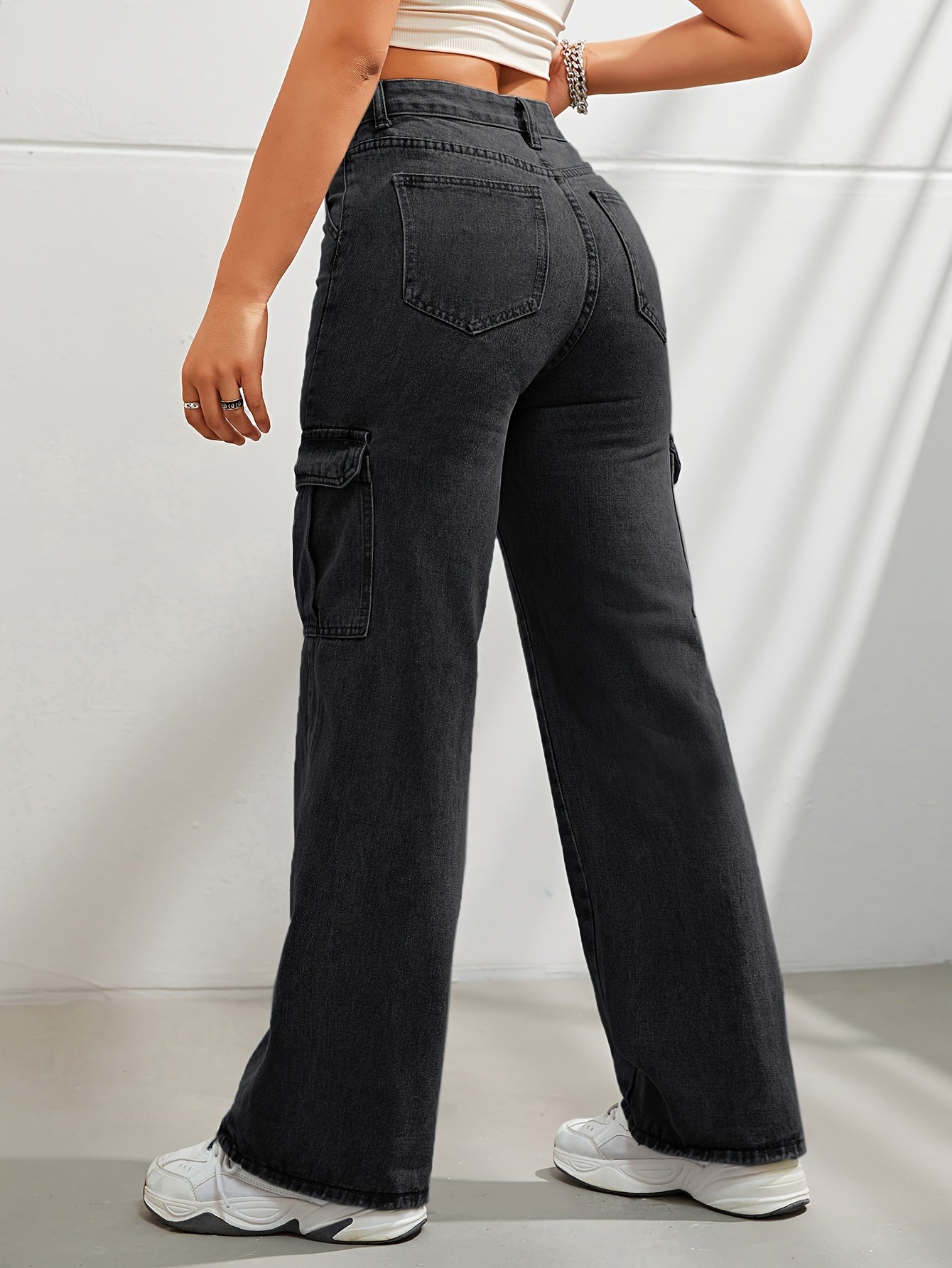 Women's Casual Wide Leg Denim Cargo Pants, Fashion Plain Jeans With Side Pockets, High Waist And Relaxed Fit For Fall