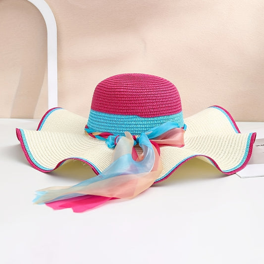 Stylish Colorful Braided Bow Decoration Ruffle Straw Hat - Perfect for Outdoor Beach Vacation & Sunscreen Protection!