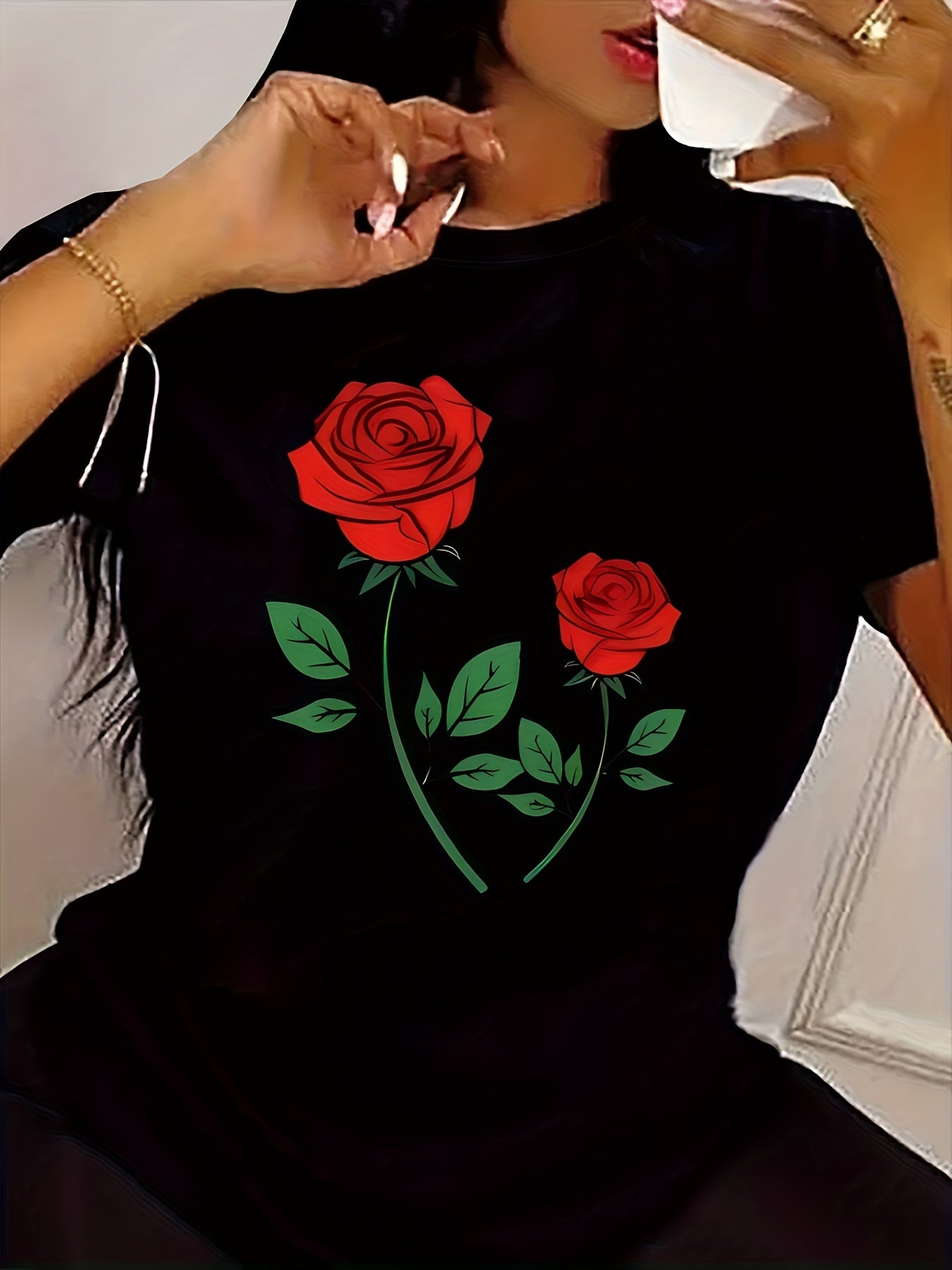 Rose Print Crew Neck T-Shirt, Casual Short Sleeve Top For Spring & Summer, Women's Clothing