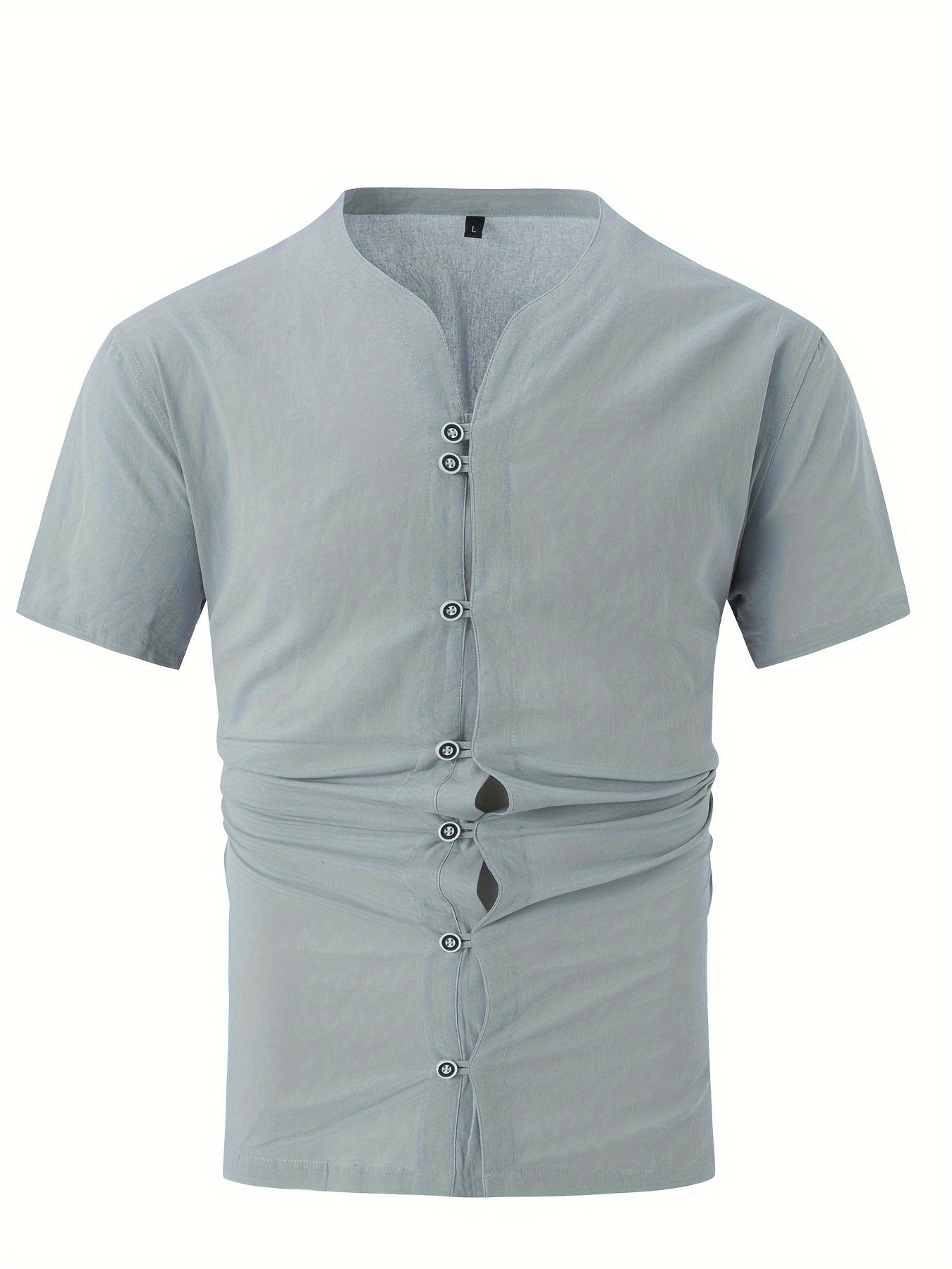 Men's Solid Short Sleeve Button Down Stand Collar Henley Shirt For Summer Resort Holiday, Hawaiian Style