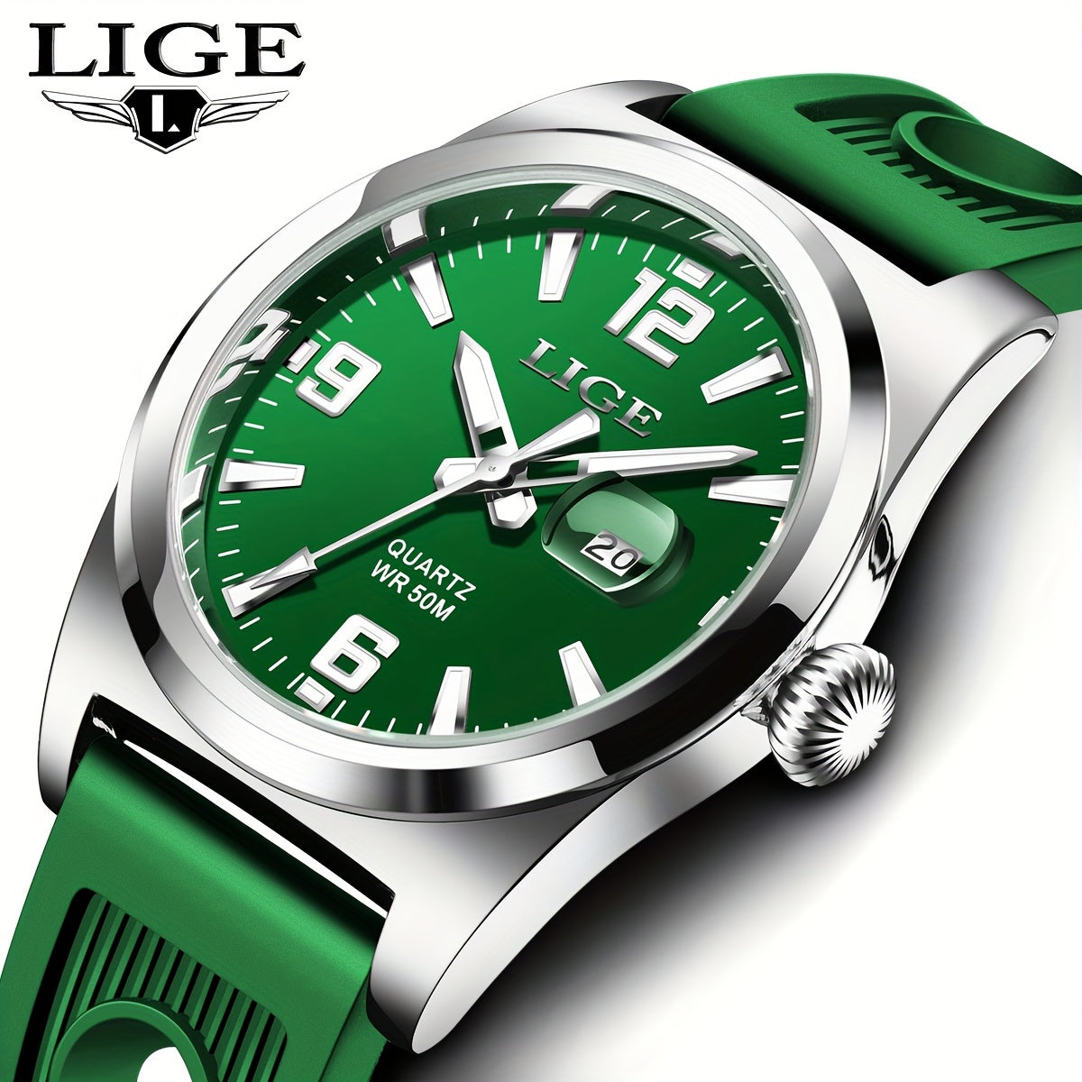 LIGE Vintage Style Men's Quartz Sports Watch – Stainless Steel Case, Round Dial, Silica Gel Strap, 50m, Luminous Display, Calendar Feature