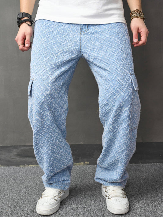 Men's Loose Fit Wide Leg Cargo Jeans, Men's Stylish Comfy Denim Pants, Street Style Fashion