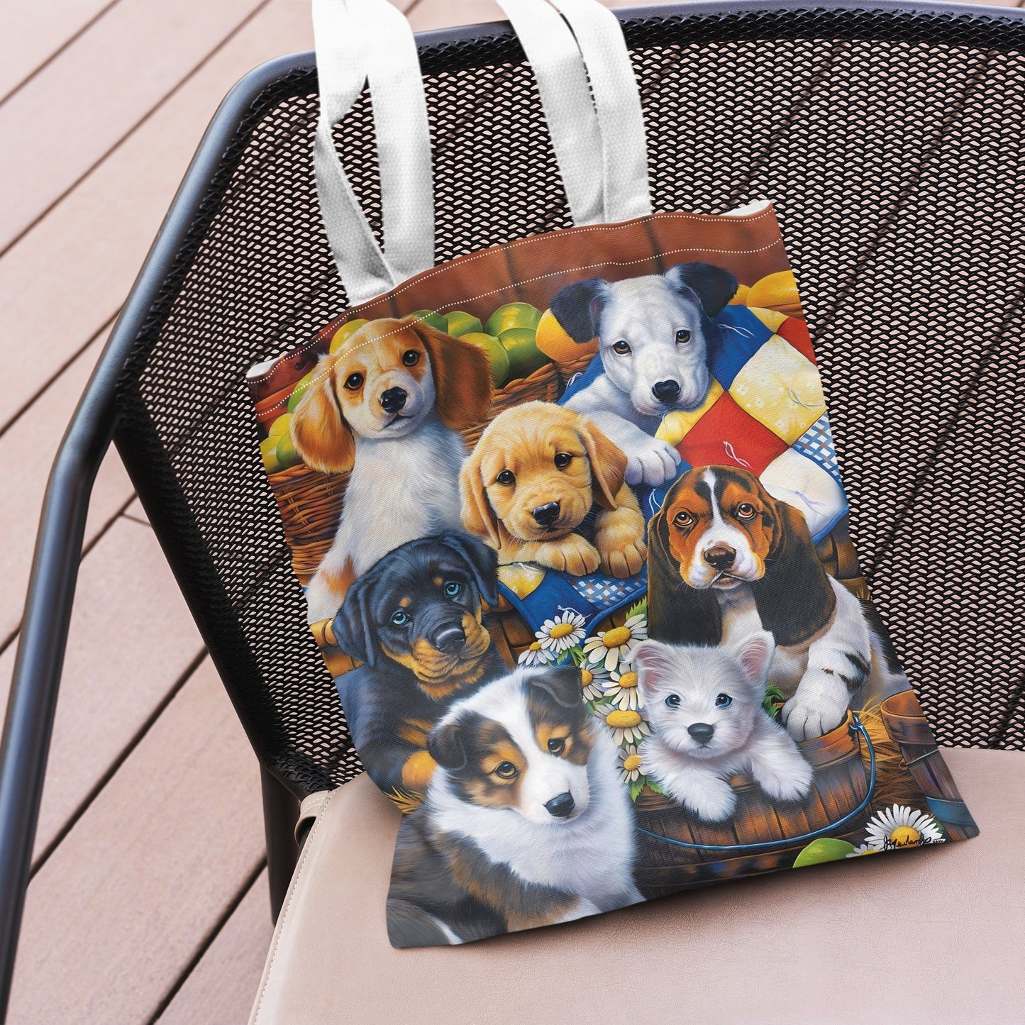 Cute Puppies Pattern Tote Bag, Large Capacity Reusable Grocery Shopping Bag, Canvas Bag, For Daily Commute, Travel, Shopping, For Dog Owners