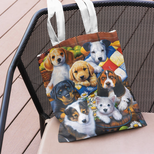 Cute Puppies Pattern Tote Bag, Large Capacity Reusable Grocery Shopping Bag, Canvas Bag, For Daily Commute, Travel, Shopping, For Dog Owners