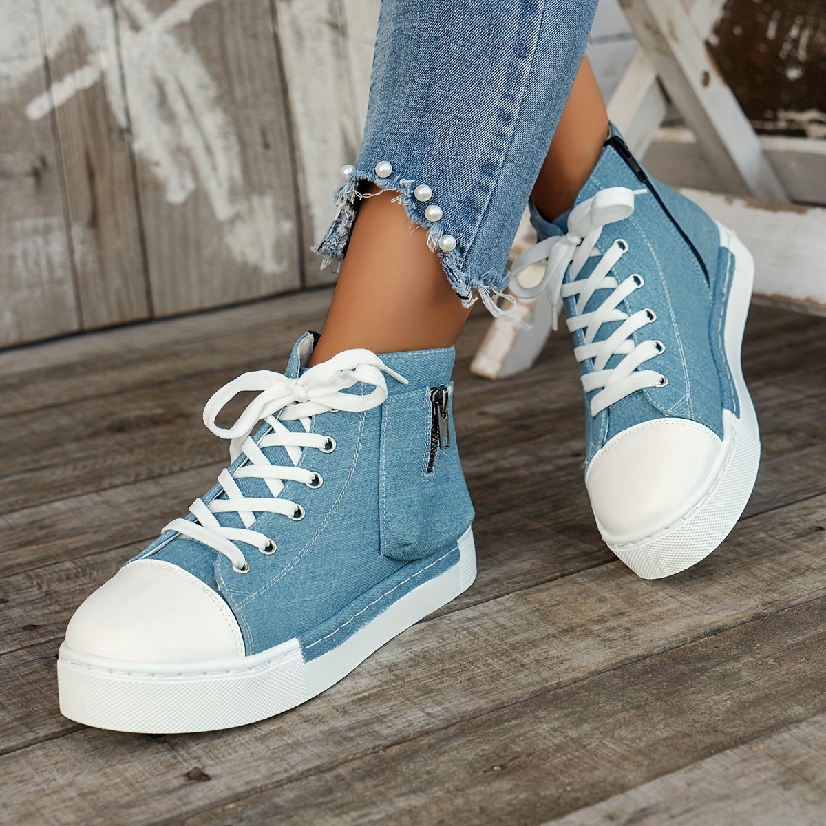 Women's Denim Platform Sneakers, Casual Lace Up Outdoor Shoes, Comfortable Side Zipper Shoes