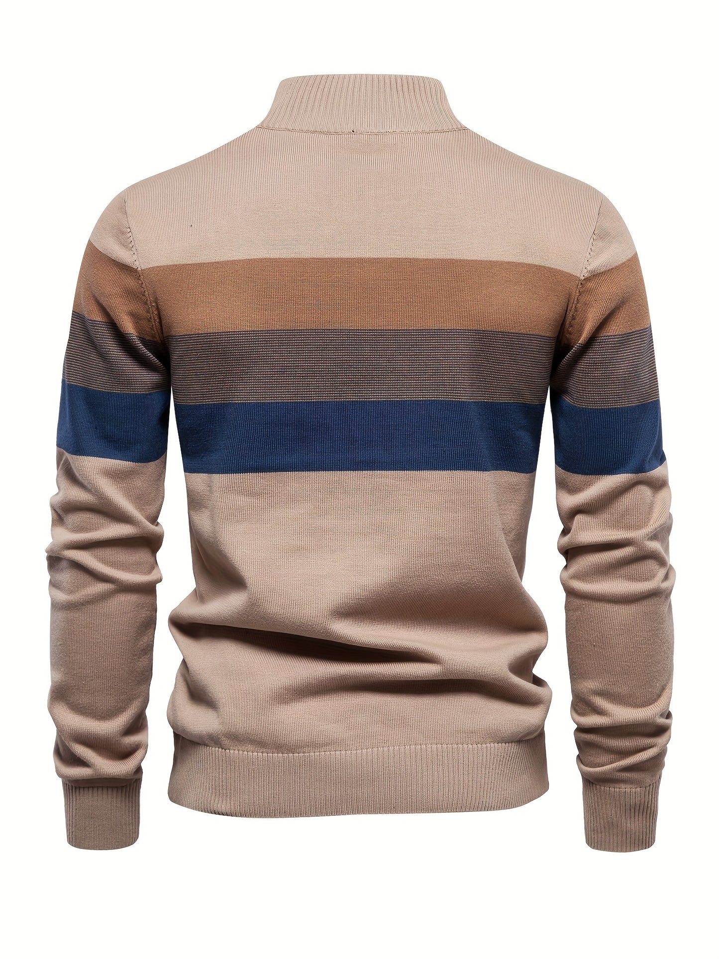 Cotton Knitted Color Block Sweater, Men's Casual Warm Slightly Stretch Half Zipper V Neck Pullover Sweater For Men Fall Winter