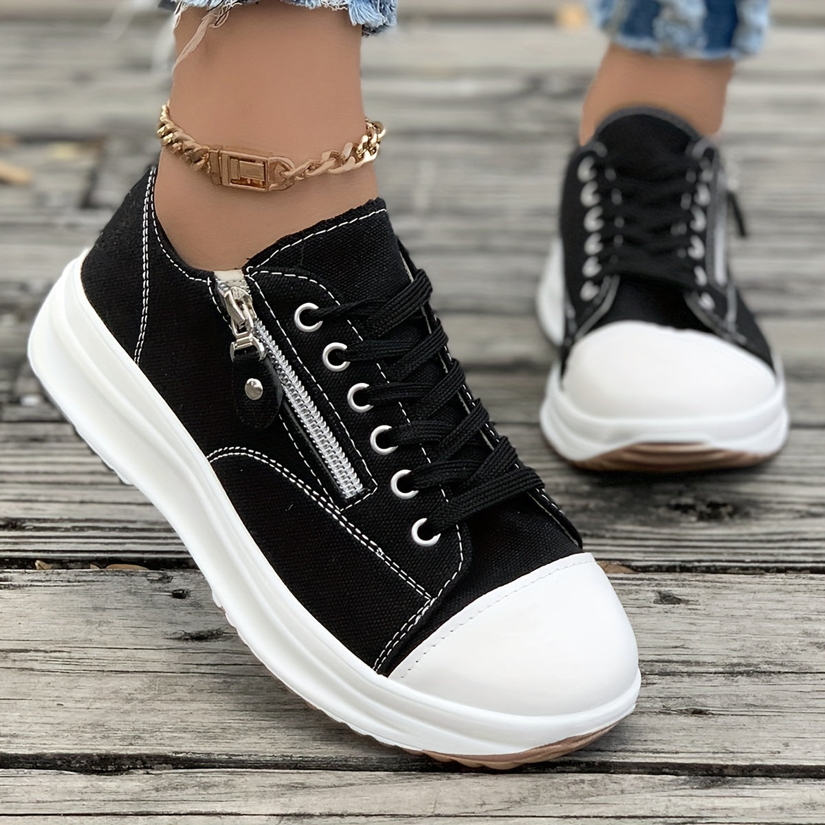 Women's Summer Canvas Sneakers - Chunky Sole, Casual Skate Shoes, Lace-Up, Versatile Sports Footwear