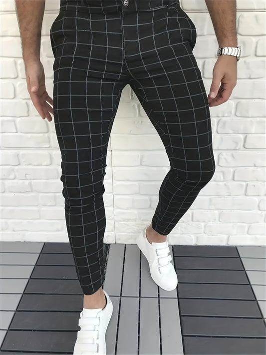 Elegant Plaid Slacks, Men's Casual Vintage Style Dress Pants For Business Banquet