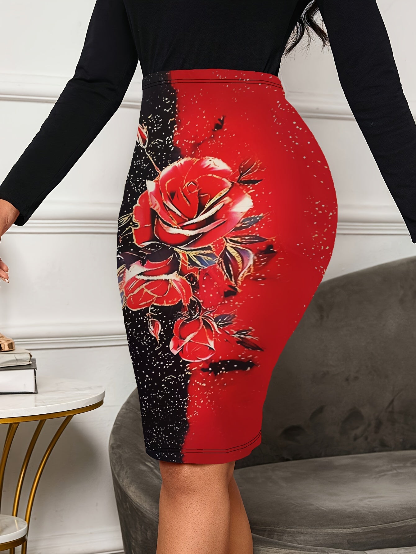 Floral Print High Waist Slim Skirt, Elegant Color Block Skirt For Spring & Summer, Women's Clothing