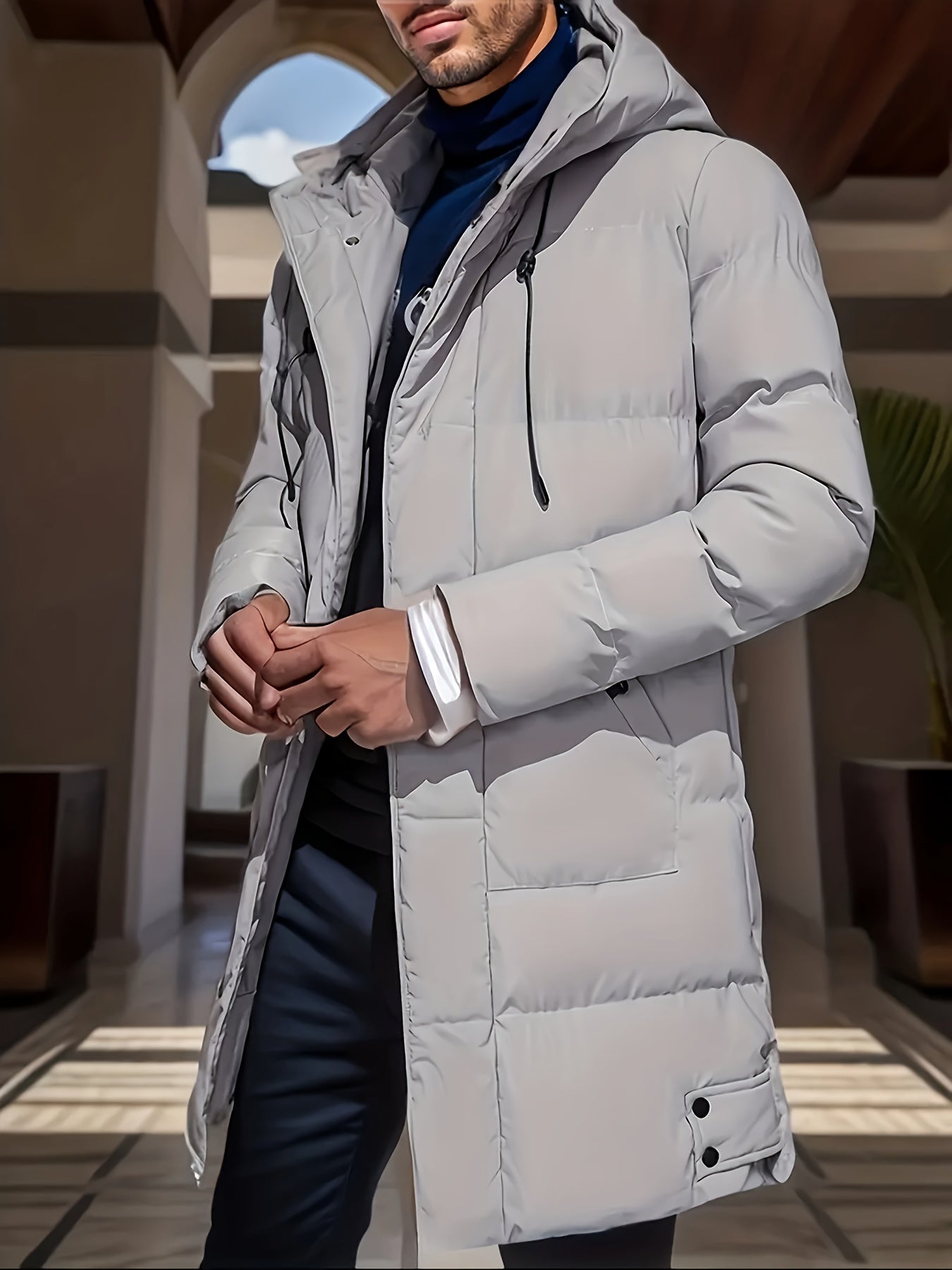 Men's Solid Color Down Alternative Jacket, Comfy Warm Trendy Winter Cold-proof Outwear As Gift