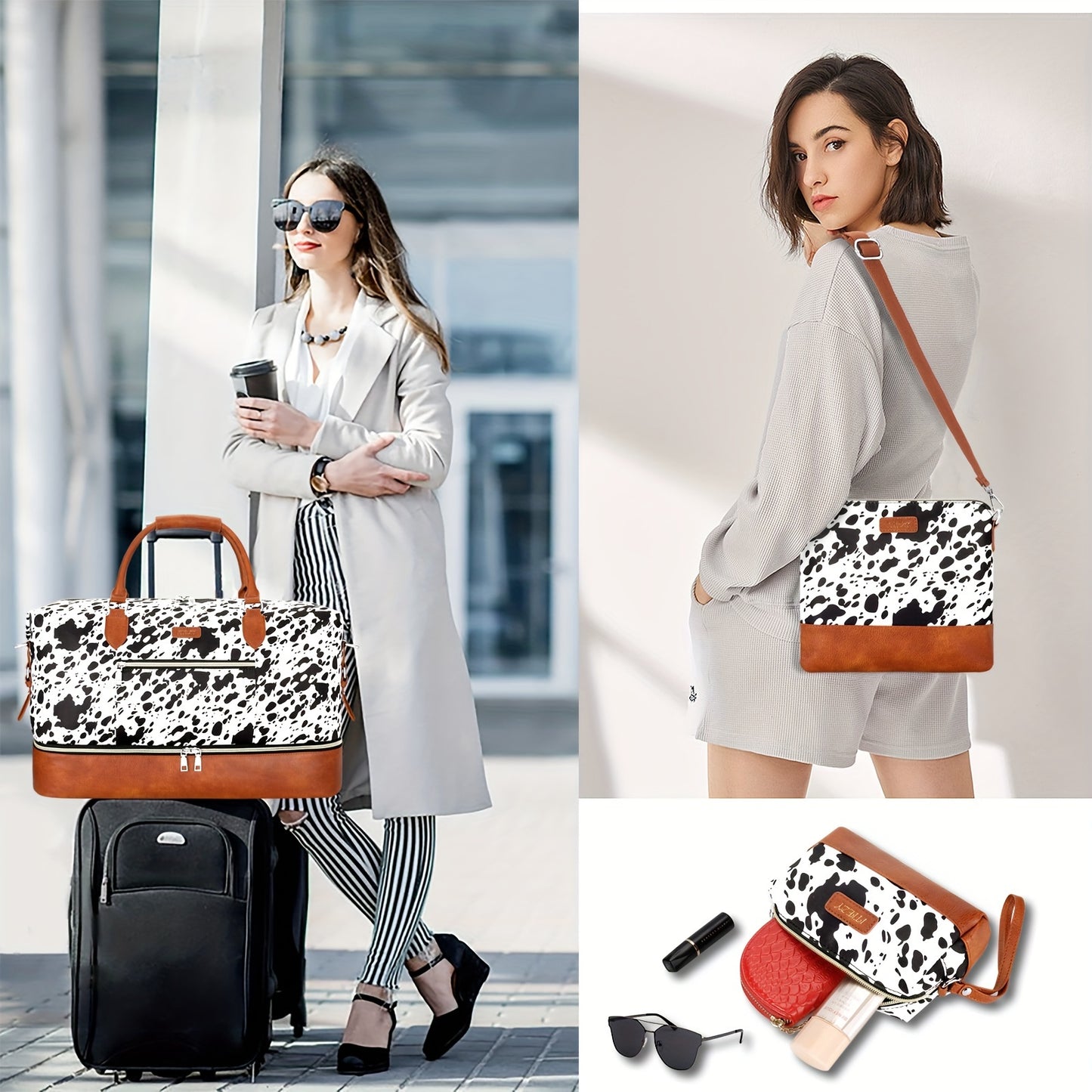 Elegant 3pcs Cow Pattern Travel Set for Women - Large Weekender Duffel with Shoe Compartment, Carry-On Overnight Bag & Clutch Purse