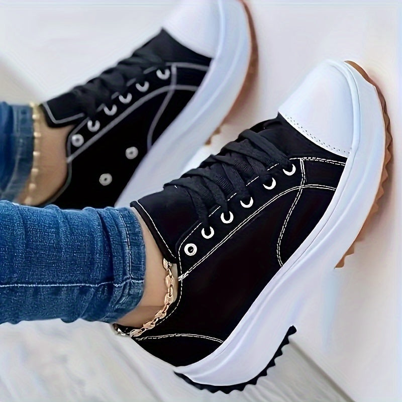 Women's Solid Color Casual Sneakers, Lace Up Platform Soft Sole Waking Comfort Shoes, Low-top Wedge Canvas Trainers