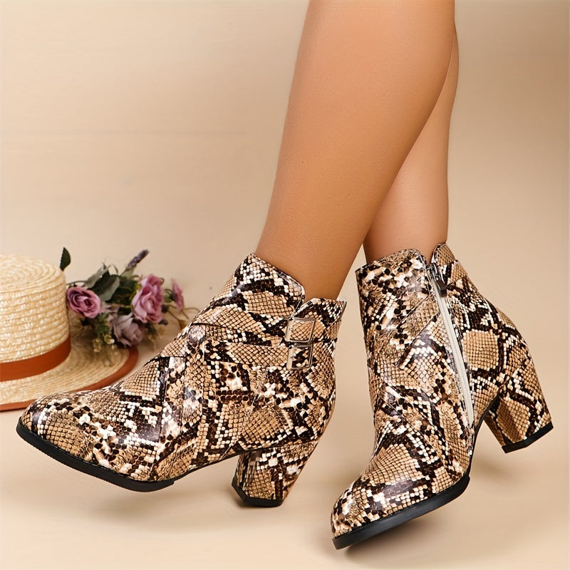 Women's Snakeskin Pattern Chunky Heel Boots, Fashion Side Zipper Short Boots, Comfortable Ankle Boots