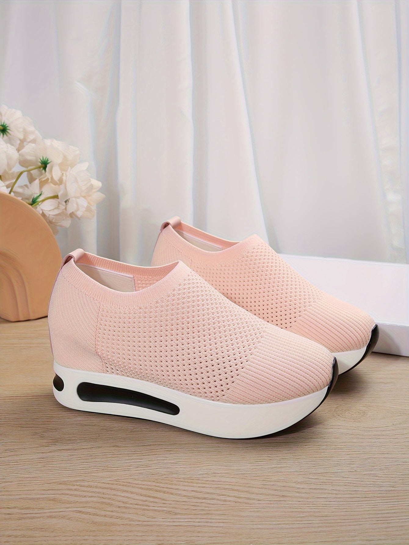 Women's Platform Rocker Sneakers, Breathable Elastic Knitted Slip On Trainers, Casual Outdoor Walking Shoes