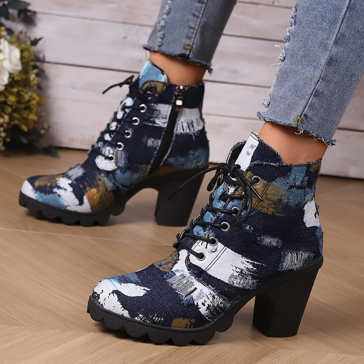 Women's Patchwork Boots, Lace Up Platform Side Zipper Chunky Heels, Round Toe Versatile Boots