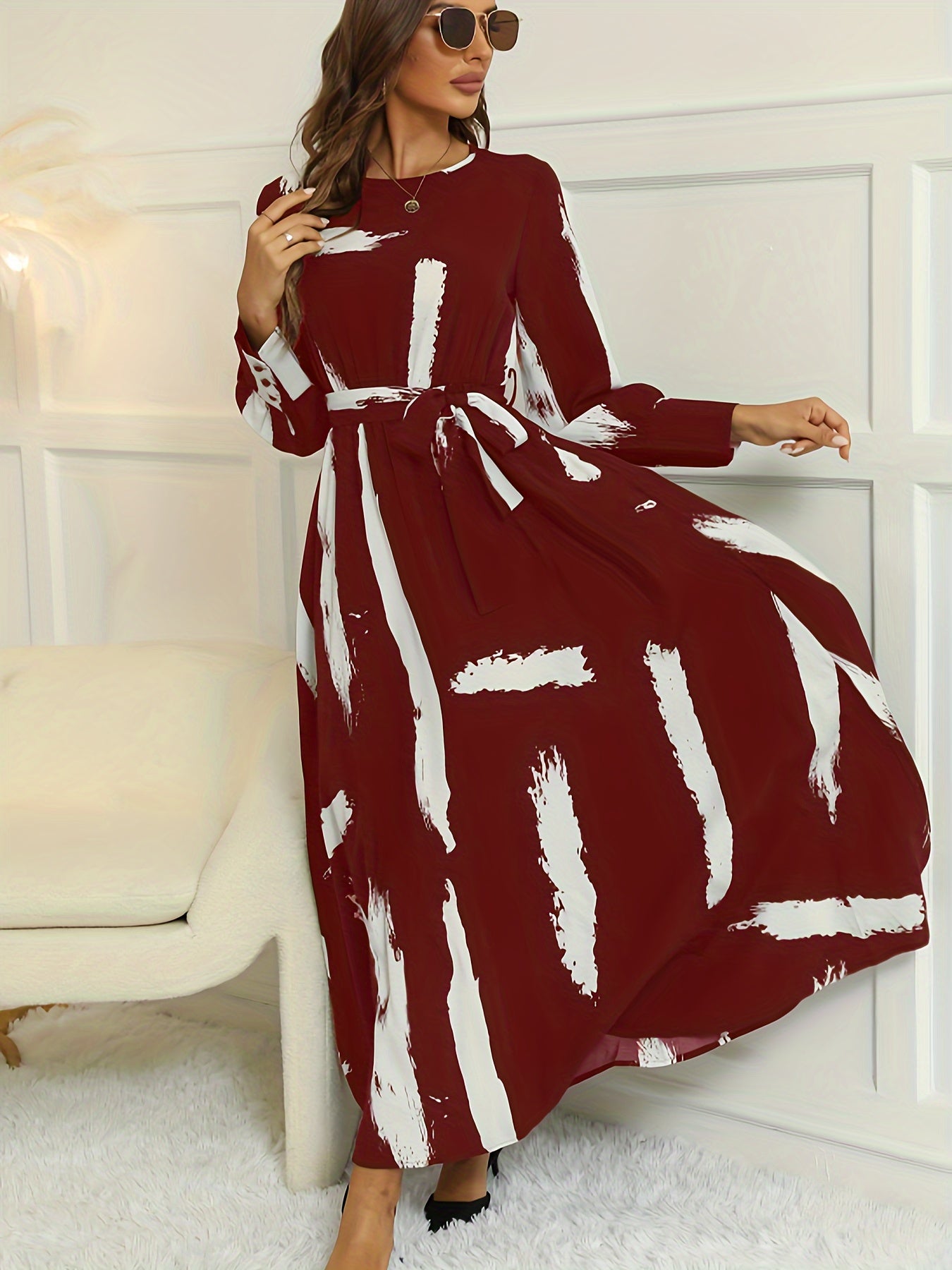 Brush Print Keyhole Dress, Elegant Long Sleeve Maxi Dress, Women's Clothing