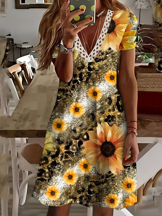 Sunflower Print V Neck Dress, Vacation Style Short Sleeve Loose Dress For Spring & Summer, Women's Clothing