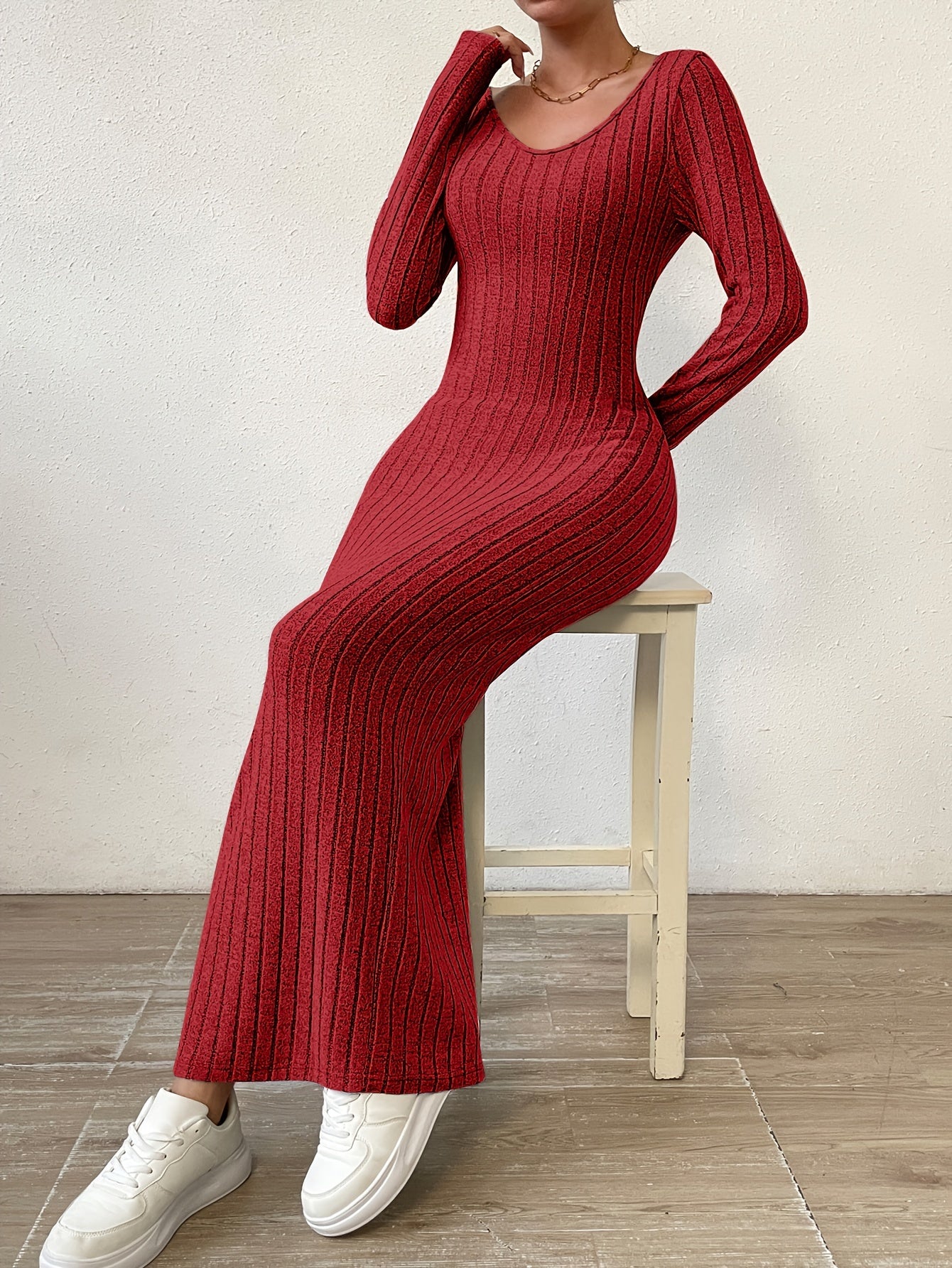 Ribbed Solid Dress, Casual Crew Neck Long Sleeve Maxi Dress, Women's Clothing