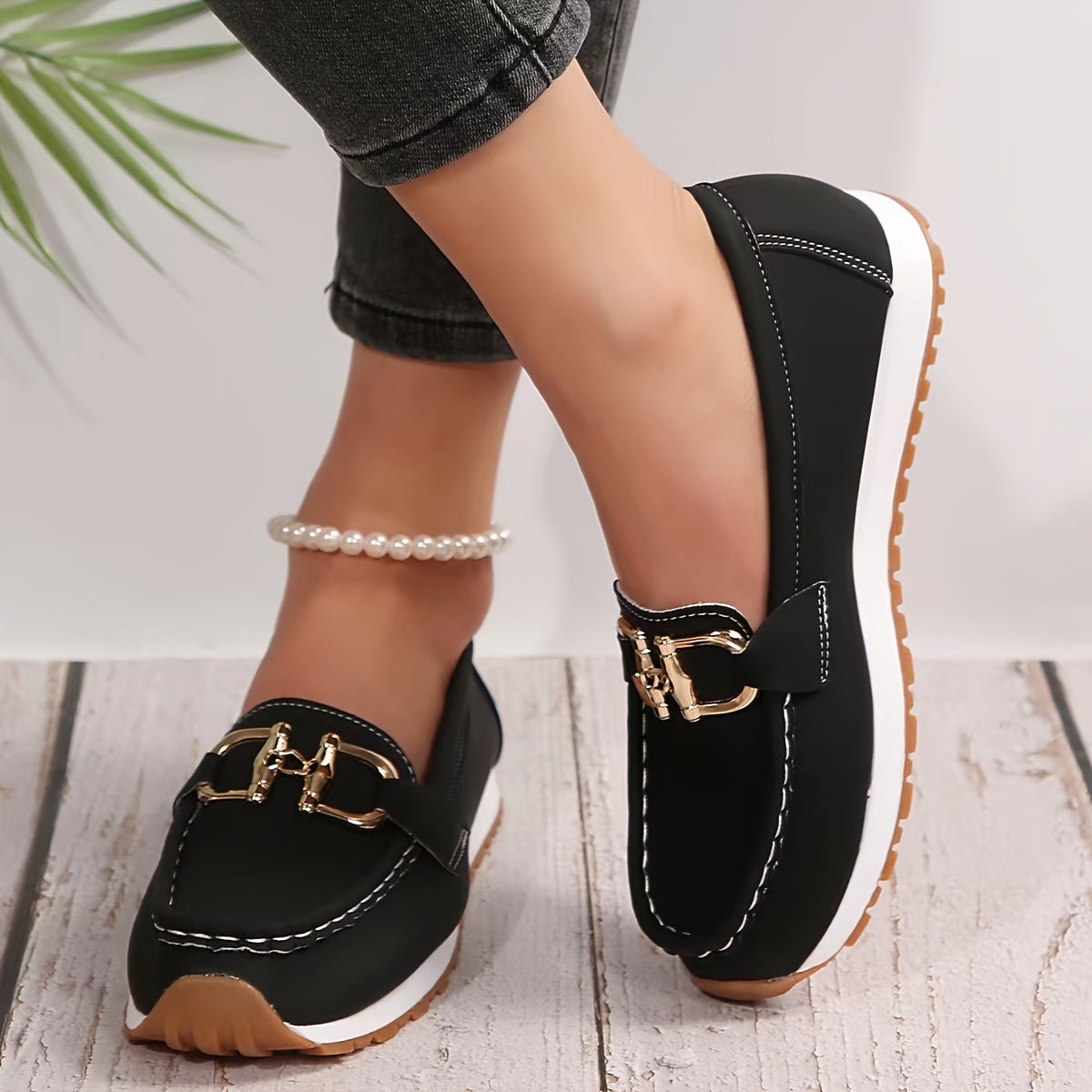 Women's Fashion Solid Color Loafers, Casual Slip-On Shoes With Metallic Buckle, Comfortable Soft Sole Closed Toe Shoes