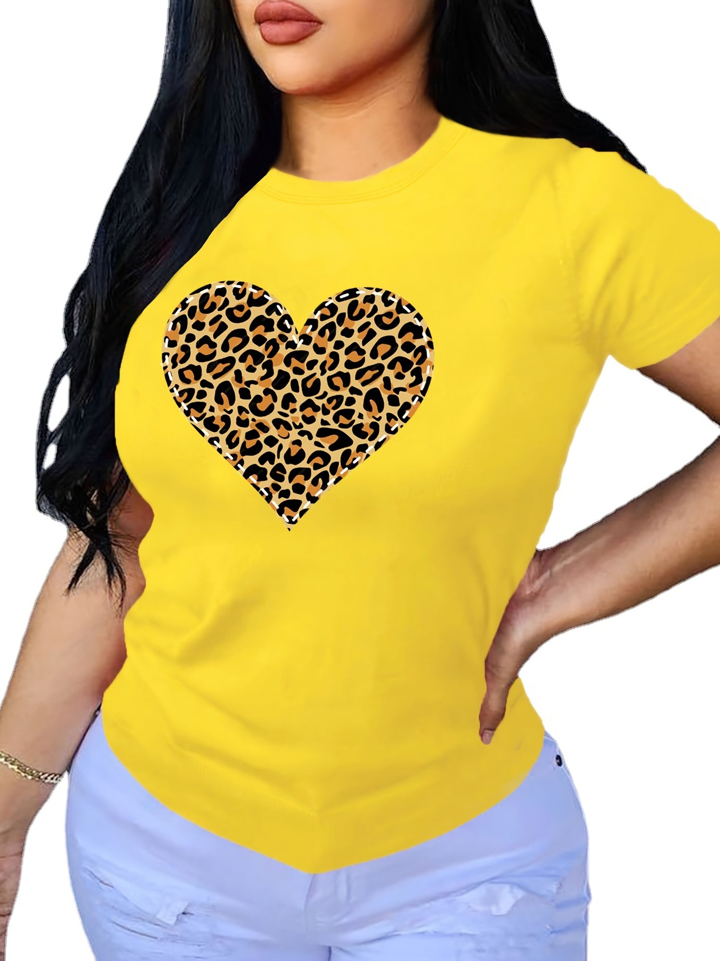 Leopard & Heart Print T-shirt, Casual Crew Neck Short Sleeve T-shirt For Spring & Summer, Women's Clothing