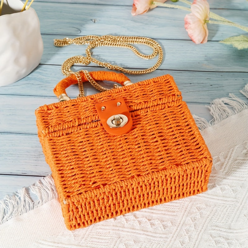 Straw Woven Box Handbags, Boho Style Crossbody Bag, Women's Mini Square Purse For Holiday Beach