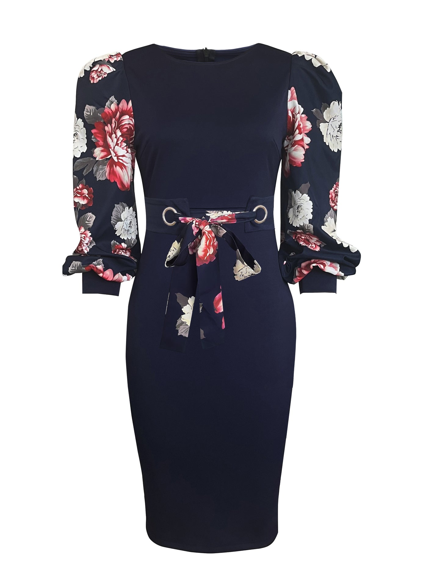 Floral Print Lantern Sleeve Bodycon Dress, Elegant Crew Neck Split Dress For Spring & Fall, Women's Clothing