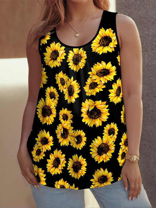 Plus Size Sunflower Print Tank Top, Casual Crew Neck Sleeveless Top For Summer, Women's Plus Size Clothing