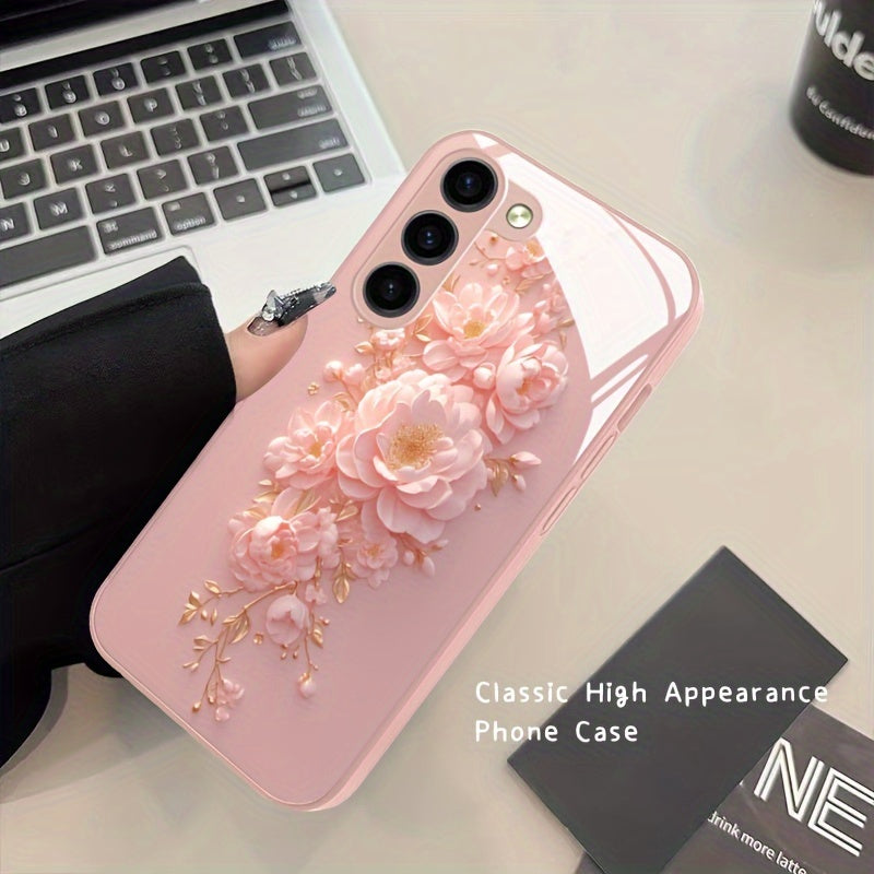 Pink Flower Glass Phone Case For SamSung For Galaxy Series - Compatible with s24/s24 plus/s24 ultra, s23/s23 plus/s23 ultra, s22/s22 plus/s22 ultra, s21/s21 plus/s21 ultra/s21 fe, s20/s20 plus/s20 ultra, A 03/a 04/a 13/a 14/a