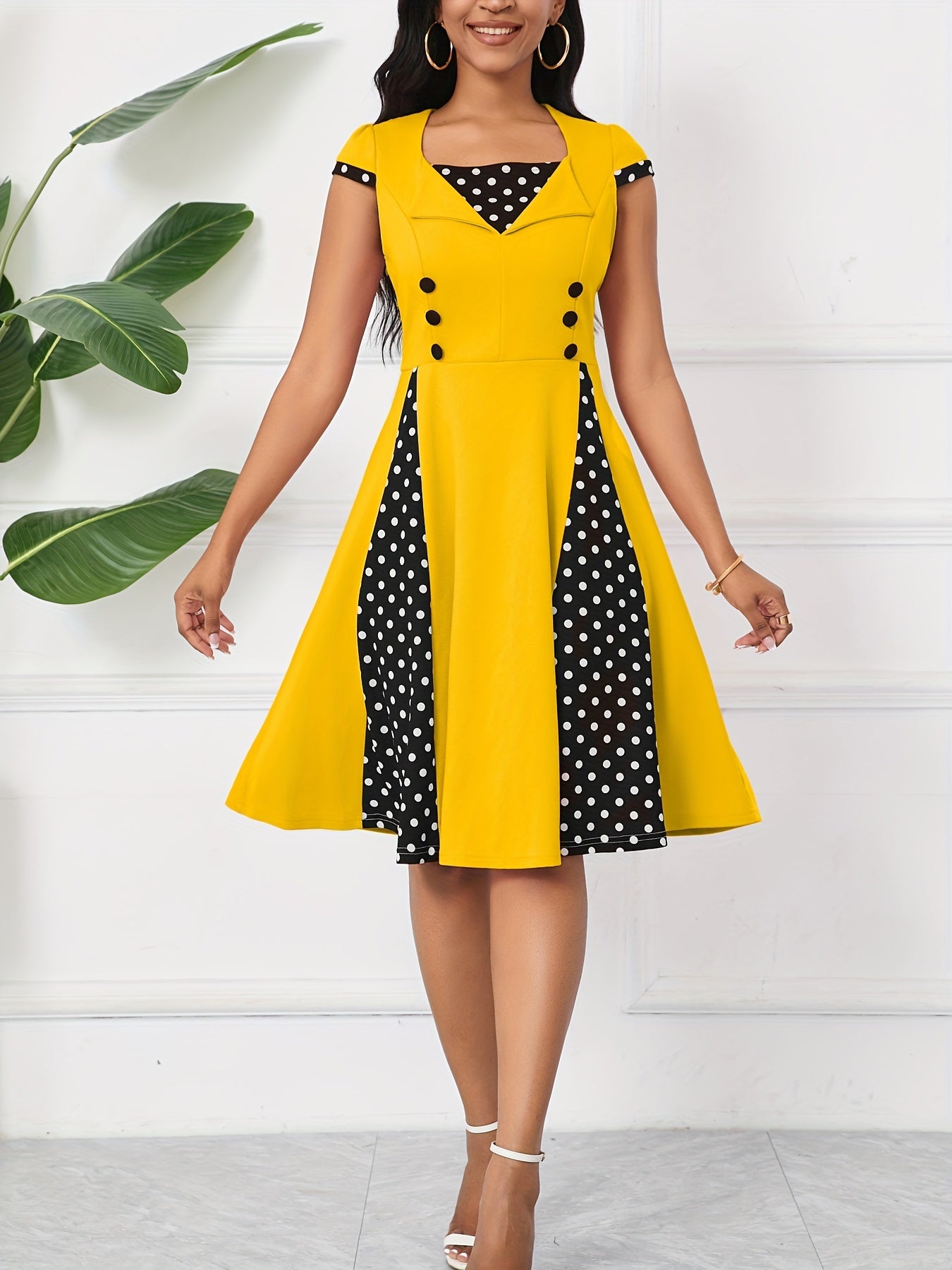 Polka-dot Print Color Block Aline Dress, Elegant Swing Button Decor Dress, Women's Clothing