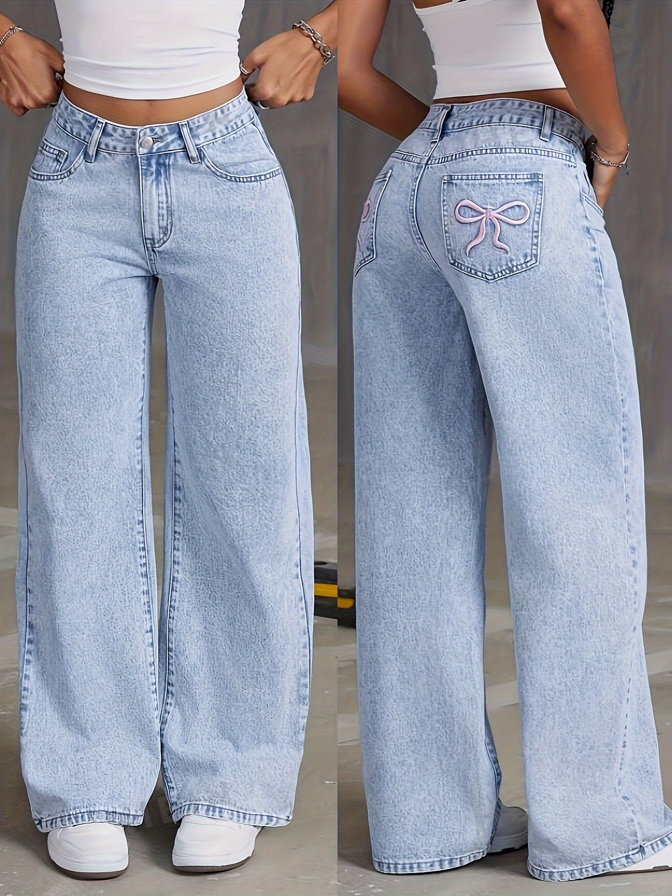 Stylish Embroidered Wide Leg Jeans - Unique Bow Accent, Comfortable High-Waisted Design, Soft Stretchy Fabric, Flattering Fit, Perfect For Casual Occasions - Women's Fashionable Denim Pants