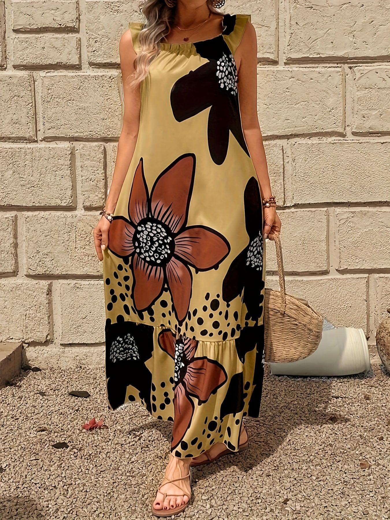 Floral Print Square Neck Dress, Elegant Sleeveless Maxi Dress For Spring & Summer, Women's Clothing