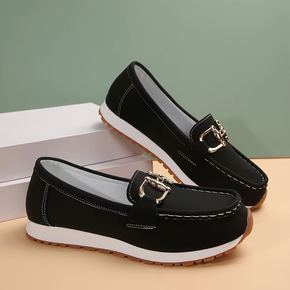 Women's Fashion Solid Color Loafers, Casual Slip-On Shoes With Metallic Buckle, Comfortable Soft Sole Closed Toe Shoes