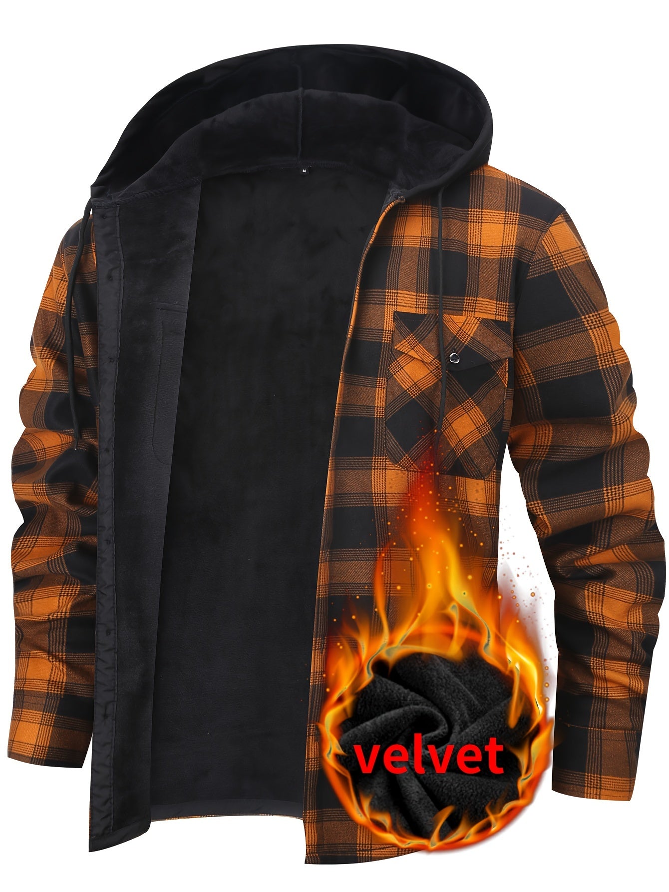 Men's Plaid Hooded Long Sleeve Shirt with Pockets, 100% Polyester Woven Fabric, Adult Basic Winter Warm-Up Top with Hood, No Bra, Elastic Fit, Regular Fit