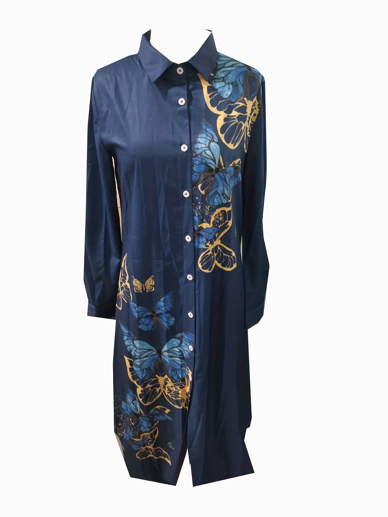 Butterfly Print Shirt Dress, Casual Maxi Long Sleeve Button Front Dress, Women's Clothing