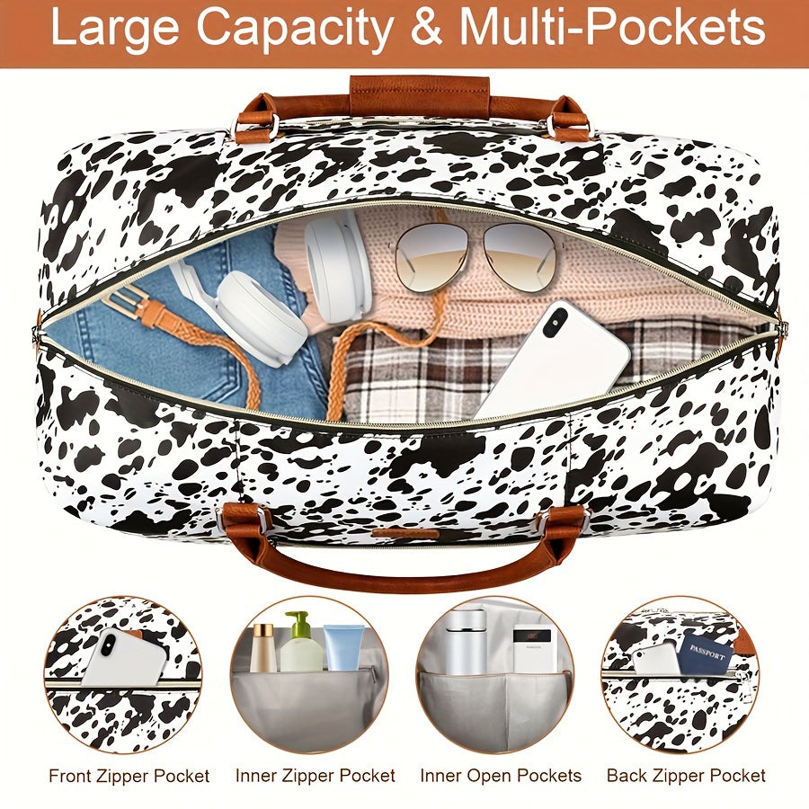 Elegant 3pcs Cow Pattern Travel Set for Women - Large Weekender Duffel with Shoe Compartment, Carry-On Overnight Bag & Clutch Purse