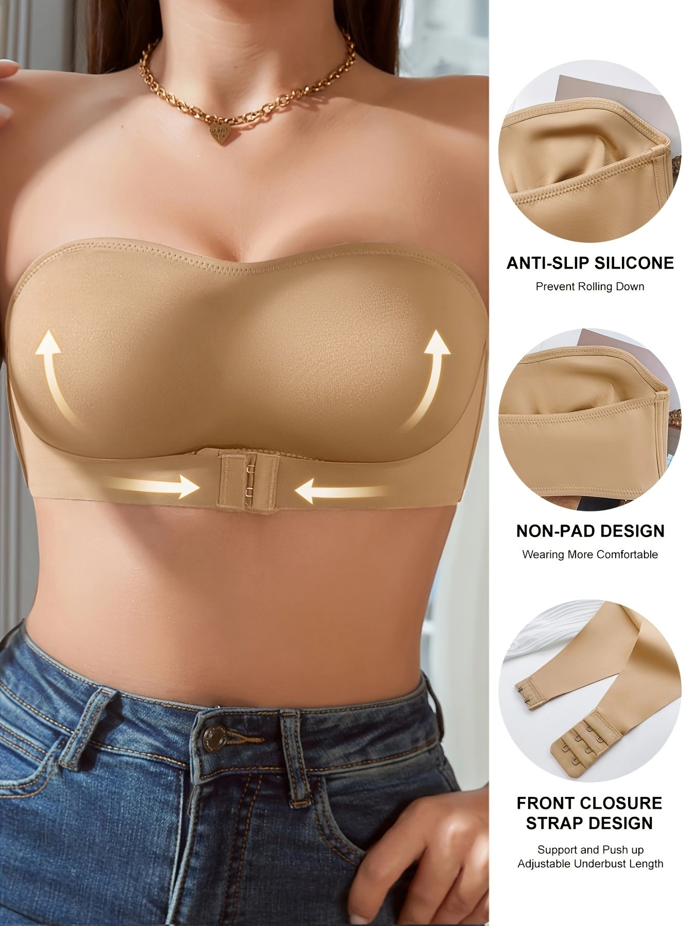 Front Buckle Strapless Bra, Wireless Non Padded Bandeau Bra, Women's Lingerie & Underwear