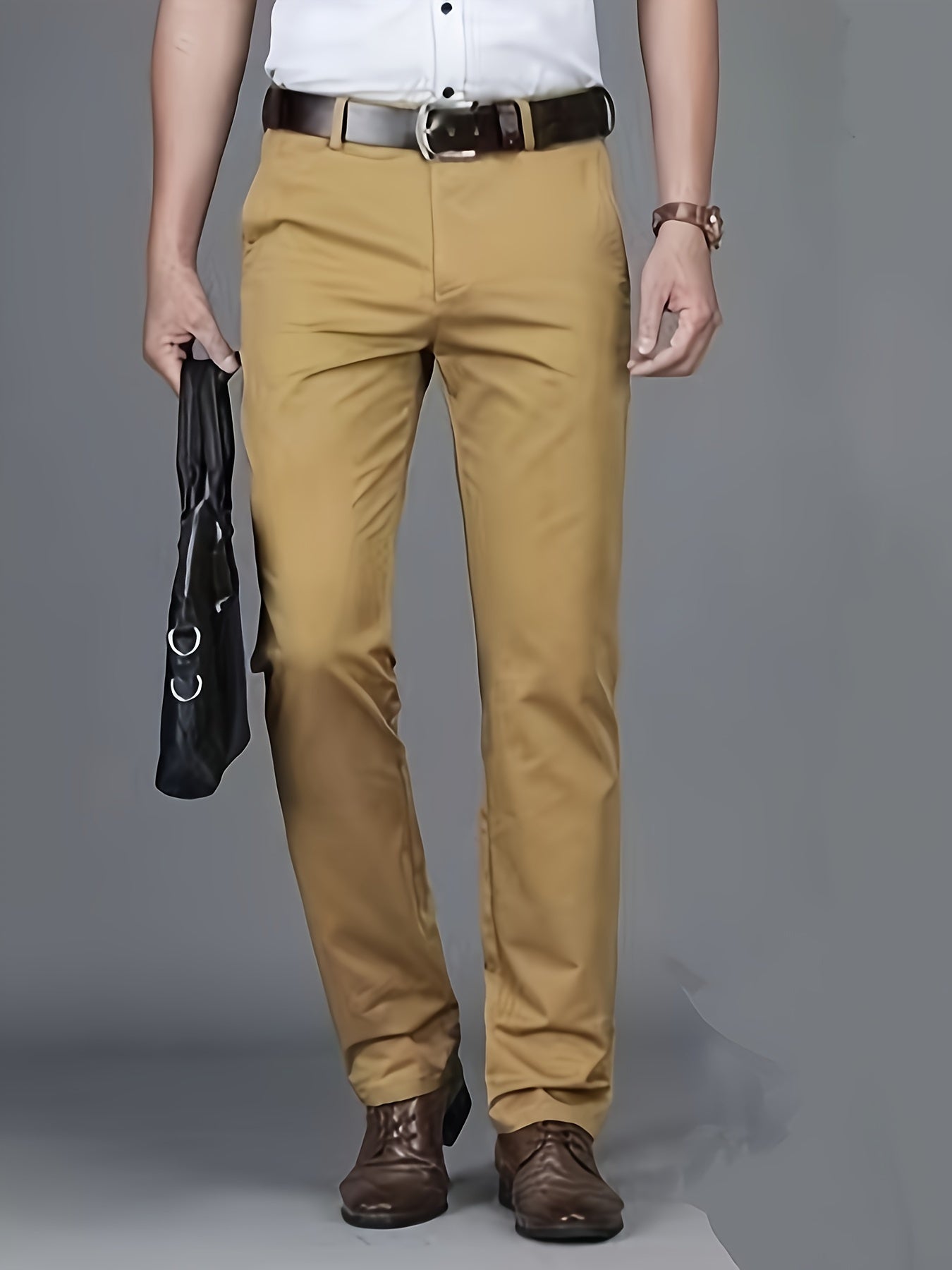 Men's Solid Color Slightly Stretch Formal Dress Pants For Business Office Occasions, All Seasons