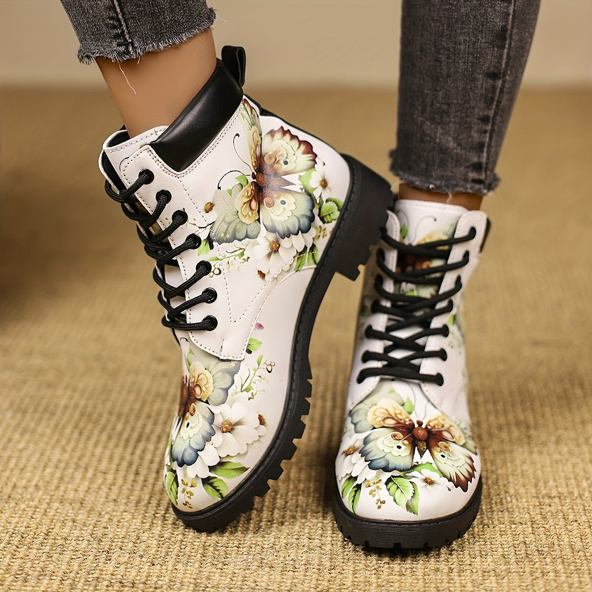 Women's Trendy Butterfly Printed Boots, Fashion Lace Up Short Boots, Women's Comfortable Boots